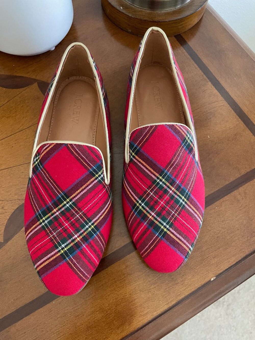 J.Crew Stewart Tartan Plaid Smoking Loafers 6 Red Gold Holiday Flats